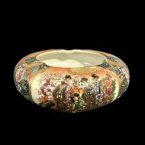 Vintage 1960s Satsuma Hand Painted Ashtray Porcelain China Landscape Crackled